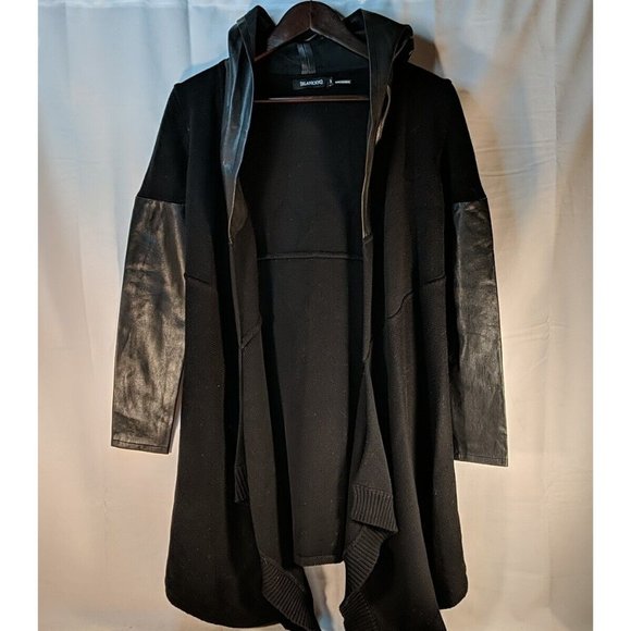Blank NYC Hooded Cardigan Faux Leather Wool Black Knit Sweater Long Women XS - Picture 1 of 10